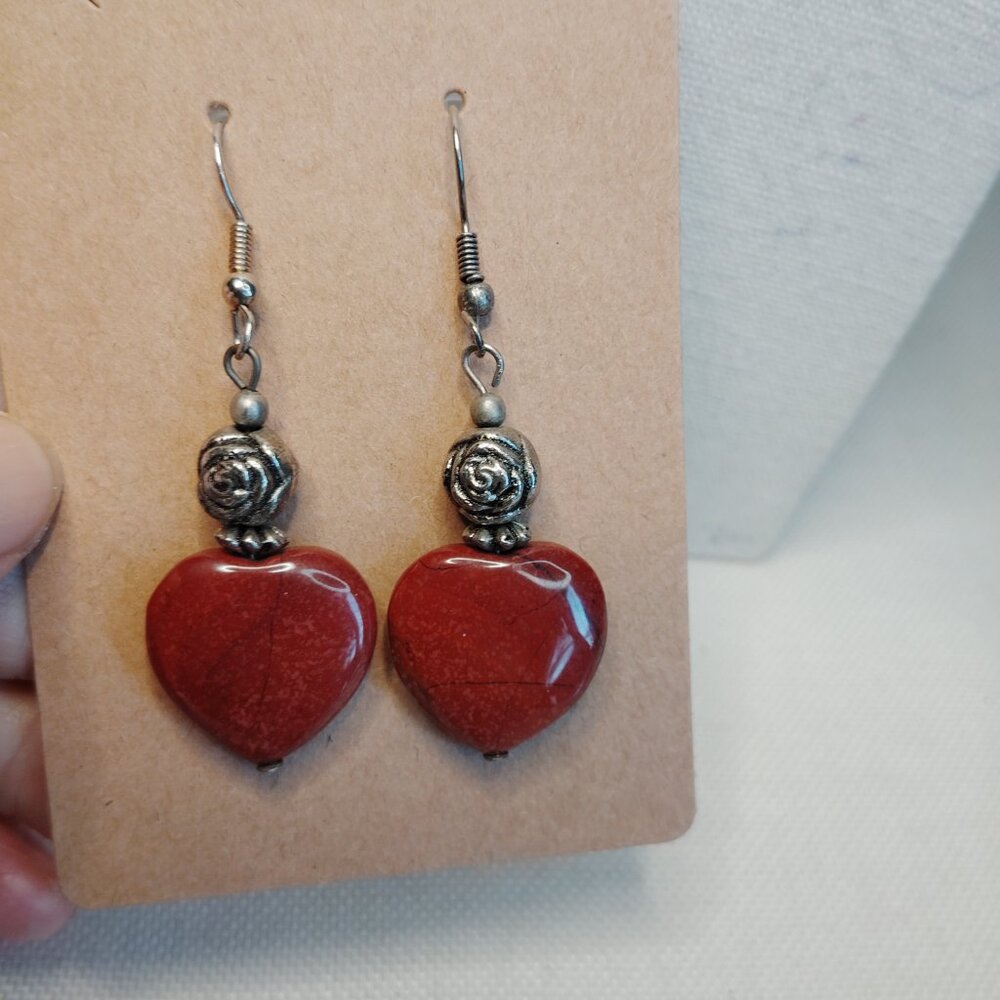 Genuine Red Jasper Heart Earrings Silver Tone 2.25 Inch Drop - Picture 3 of 3
